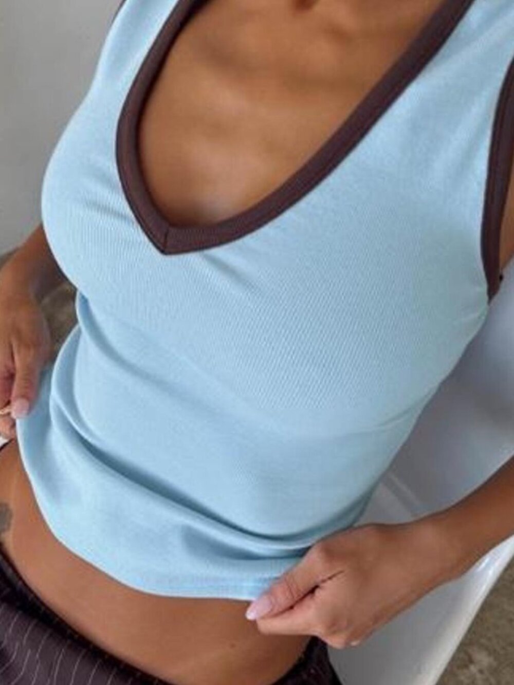 Princess Polly Light Blue Tank Top with Brown Trim